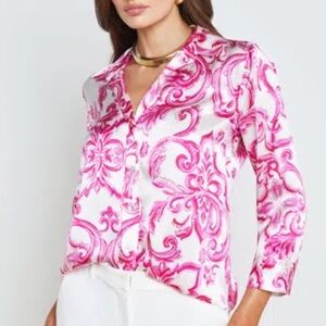 L’AGENCE Dani Printed Silk Blouse Pink Mediterranean Tile XL
